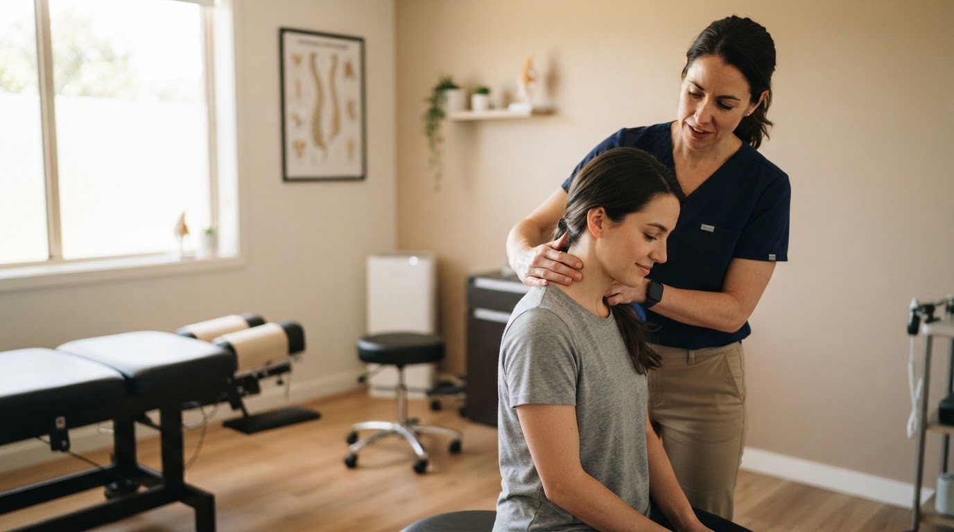 A chiropractor performing a spinal assessment with a seated patient in a warm, professional setting