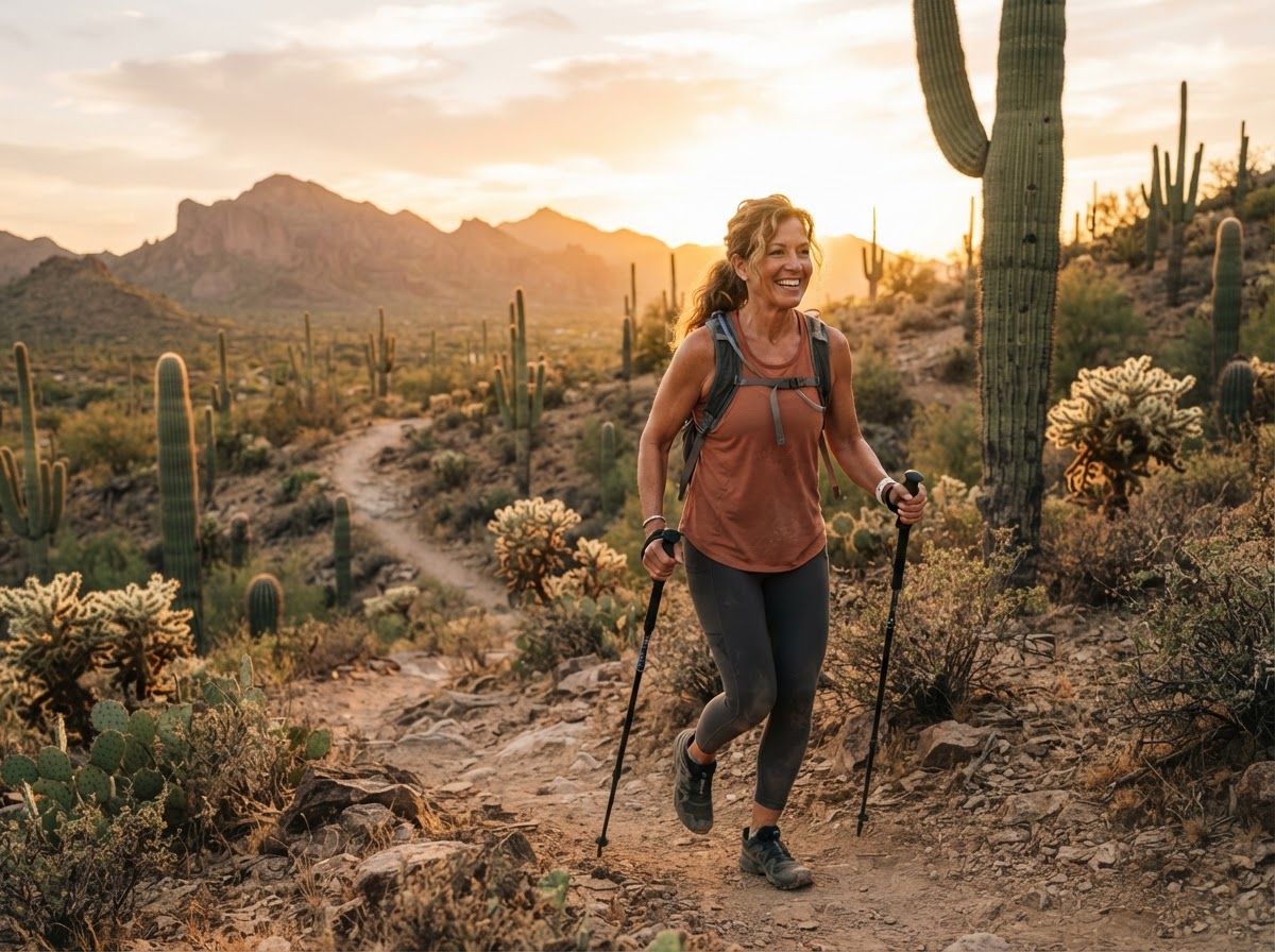 An active woman hiking on a desert trail near Tempe, Arizona at golden hour, representing mobility and an active lifestyle