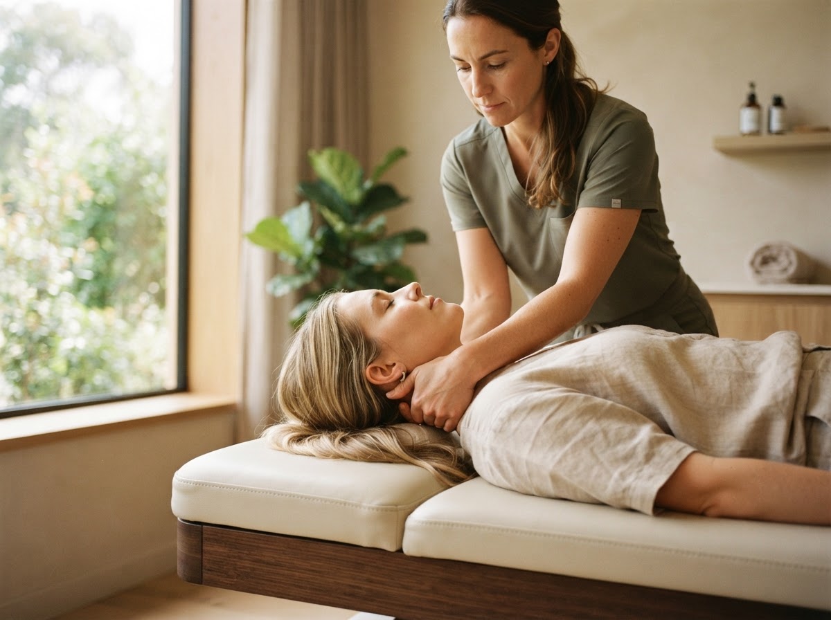 A chiropractor performing a gentle hands-on neck adjustment in a warm, sunlit treatment room